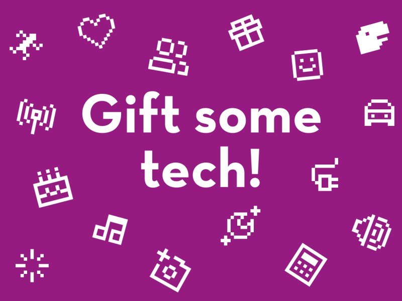 A decorative illustration with text "Gift some tech!" for an Annual Pass.digital: 